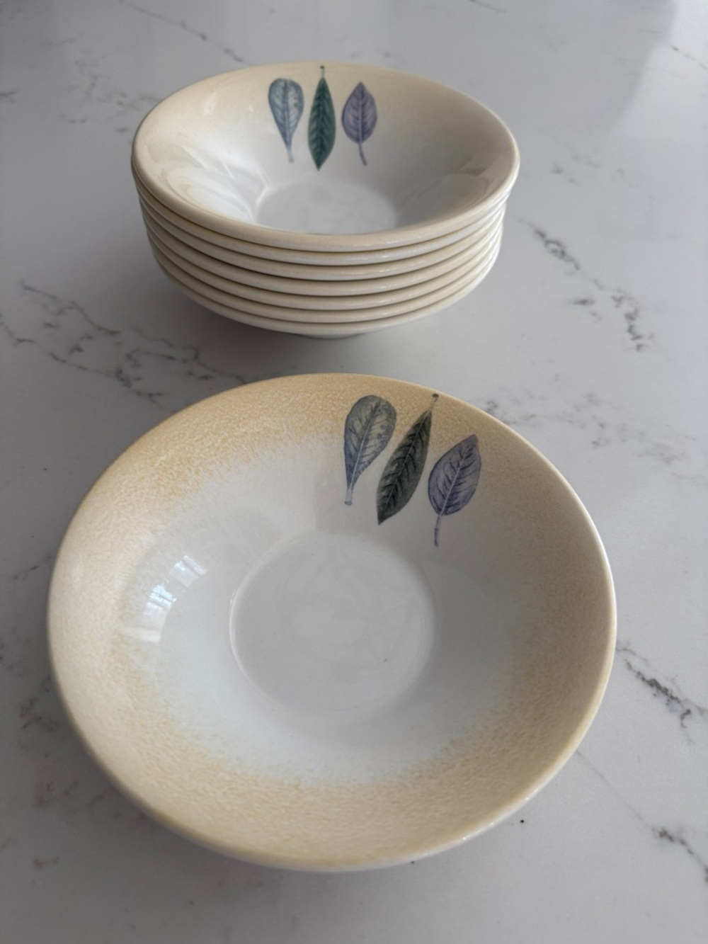 Portmeirion Cream Bowls with Green and Purple Leaf Motif - Set of 8